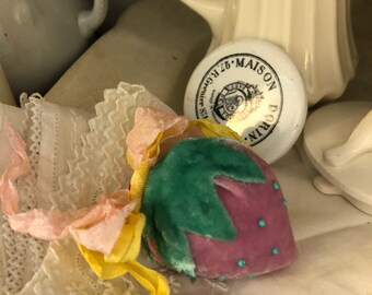 Handmade silk velvet strawberry pin cushion