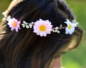 THE SIENNA sale! Pink & White Flower Crown Sunflowers Prom Hippie Gypsy Woodland Hair Jewelry Head Band Daisy Halo Spring Christmas Crown
