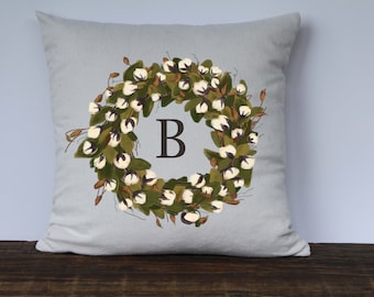 Farmhouse Pillow Cover, Personalized PIllow, Fall Pillow, Decorative Couch Pillow, Wedding Gift, Anniversary Gift, Cotton Wreath Initial