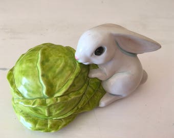 Vintage ceramic white bunny rabbit nibbling green cabbage pink nose blue collectible gift decoration collection present