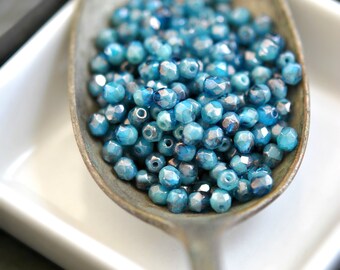 Icy Waters - Premium Czech Glass Beads, Translucent Capri, Turquoise Blue, Luster Finish, Facet Firepolish Rounds 4mm - Pc 30