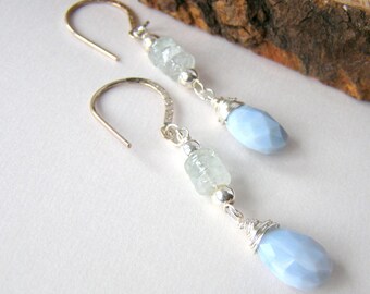 Peruvian Opal Earrings, Faceted Blue Teardrops, Aquamarine Gemstones, Sterling Silver Ear Wires, Dainty Gemstone Earrings, Long Dangle Style