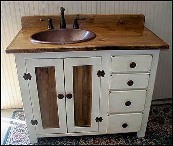Rustic Farmhouse Vanity - Copper Sink - 42" - Off-white - Bathroom Vanity - Bathroom Vanity with Sink - Rustic Vanity - Farmhouse Vanity