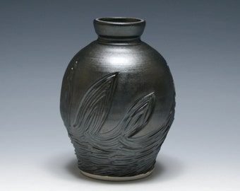 Metallic Black Vase with Hand Carved Design