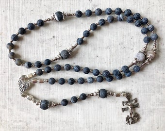 Sterling Silver Rosary, miraculous cross of Caravaca, weatherstone, Rosary beads, grey and black, catholic rosary by Rosenkranz-Atelier