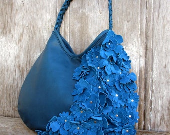 Ocean Blue Leather Bag with Italian Suede Blue Flowers by Stacy Leigh - Shoulder Bag- Spring Summer Fashion
