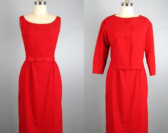 Vintage 1950s Red Wool Dress 50s Red Dress and Jacket Suit Set Size S/M