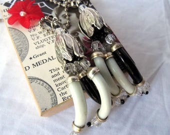 Deocrative Chain Pull Pair with Black and White Glass Noodle Beads and Silver Accents