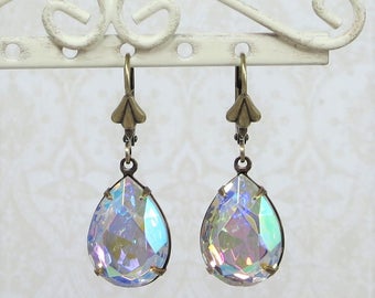 Crystal AB Earrings Vintage Glass Jewel Earrings Estate Style Old Hollywood Bridal Wedding Jewelry Gift