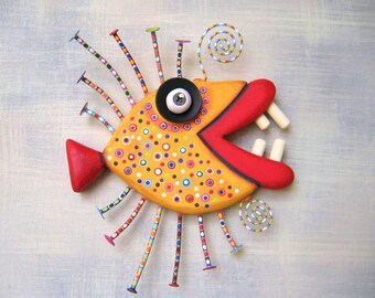 Golden Piranha, MADE to ORDER, Original Found Object Wall Sculpture, Wood Carving, Wall Decor, Marine Art, by Fig Jam Studio