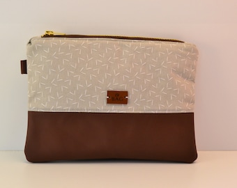 Clutch/cosmetic Bag-beige with brown leather