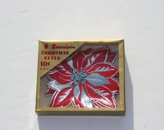 Vintage Dennison Foil Christmas Seals in Original Packaging, Poinsettia Stickers, Unused NOS NIP Christmas Gift Wrap
