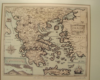 vintage,framed map of Greece, 1961 signed print of an antique Greek map, wooden frame, ready to hang