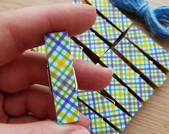 Blue and Green Preppy Plaid - Boy Baby First Birthday Shower - Chunky Little Clothespin Clips w Twine for Display - Set of 12