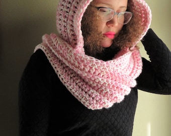 The Riding Hood > Scarf > Hooded Scarf > Scarf with Hood > Hoodie > Scoodie > Crochet Scarf > Crochet Hood > Winter Accessories > Pink Scarf