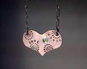 Heart And Soul Necklace, Rusitc Antiqued Silver, Peridot Gemstone, Sterling Silver, Copper Heart, Love Heart, Pink Heart, Womens Necklace