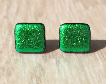 Dichroic Fused Glass Stud Earrings - Green Square Dichroic with Sterling Silver Posts