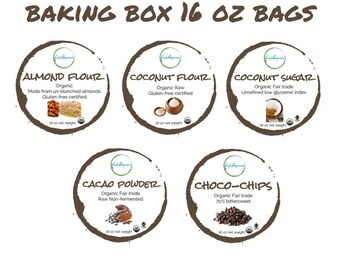 ORGANIC baking box 16 oz bags | Almond flour | coconut flour | coconut sugar | raw cacao powder | chocolate chip | compostable bags