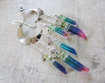 La Lune - Rainbow Magick - Magical Multicolor Moon and Stars Earrings with Quartz Points - Magic Pagan Moon Lunar Goddess Chandeliers