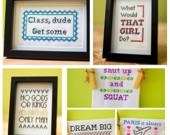 Your words here! Individually designed small sampler-style custom cross-stitch (4x6 or 5x7) (made to order or DIY Kit)