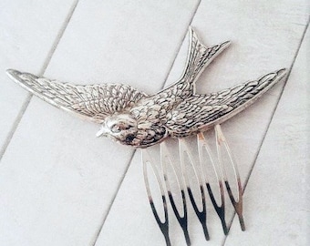 Antique silver swallow hair comb Flying Sparrow Hair Accessories Feather Wings Woodland Wedding Raw Brass Bird Hair Clip Bridesmaids Bridal