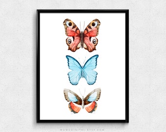 SALE - Butterflies, Watercolor Butterfly, Vintage Decor, Butterfly Set, Animal Illustration, Insect Print, Children Poster, Coral Blue