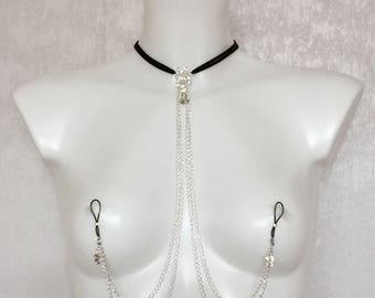 Sexy choker necklace with non piercing nipples rings,choker necklace with nipples chains and nipple clamps,nipple chain, body chain, sexy ne