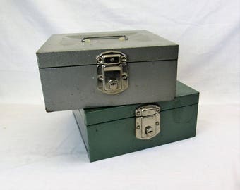 2 Vintage metal File Boxes 1960s 1970s storage boxes 9 x 9 x 4 grey green
