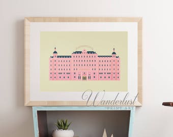 Grand Budapest Hotel print Wes Anderson movie poster vintage budapest hotel poster film wes anderson print pink architecture pastel
