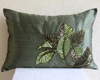 Decorative Oblong / Lumbar Throw Pillow Covers Accent Pillows Couch Pillow Case 12x16 Silk Pillow Cover Sequin Embroidered- All About Leaves