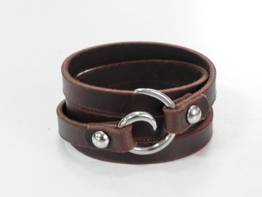 Brown Leather Wrap Bracelet Leather Cuff with Spiral Stainless