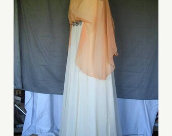 On Sale 1970's Empire Waist Chiffon Gown Coral over Light Yellow w/Beads