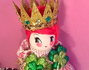 St patricks day decor st patricks day doll vintage retro inspired art doll irish girl shamrock queen clover queen irish princess