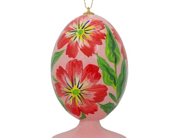3.5" Red Flowers Wooden Easter Egg Christmas Ornament