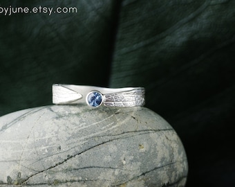 Sterling Silver Sapphire Leaf Ring | Stacking Ring | Nature Inspired Ring