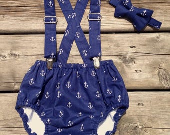 Baby Boy Nautical Diaper Cover Set, Baby boy Bloomer, Diaper Cover - 3pc. Diaper Cover, Suspenders or Neck Tie.
