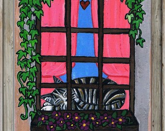 Original Painting Cat Artwork Window Kitty OOAK SFA