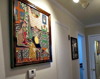 FaBuLouS OnE of a KiND LARGE ViNTaGe FoLK ArT FaBRiC ArT PiCTuRe