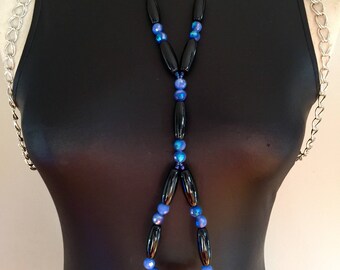 Body chain, Neck and Shoulder Body Chain, Blue beaded body chain, Agate black body chain, Hot accessories, Sexy looks, Elegant jewelry,