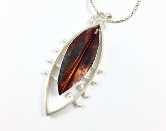 Long Silver Pendant Necklace, Modern Autumn leaf necklace