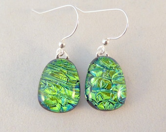 Green Dichroic Fused Glass Dangle Earrings, Teardrop, Fused Glass Earrings, Glass Earrings, Dichroic Earrings, Dangle Earrings, Green