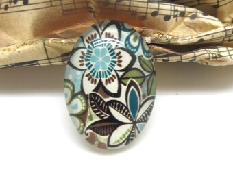 1 cabochon oval 25 mm flower khaki and blue glass - 25 * 18 mm