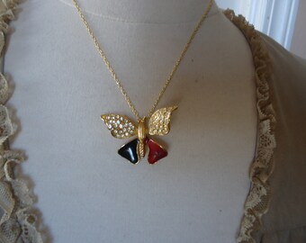 Vintage Gold Tone Rhinestone and Enamel Butterfly Pendant/Brooch on 18" Gold Tone Chain