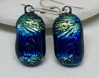Earrings – Blue and Gold Dichroic Fused Glass Earrings