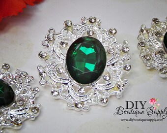 Large Emerald Green Rhinestone Buttons Crystal Buttons Flatback Embellishment For Shoe Clips, Headbands Bows flower centers 3pc 35mm N103