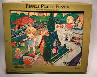 Vintage 1930s Child's Puzzle Set Complete Set of 4 Childrens Puzzles Art Deco era Perfect Picture Puzzles Animals Babies With Box