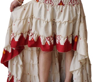 Womens Vintage Recycled Sari Hi Low Skirt Full Flare Tiered Ruffle Flirty Skirts S/M