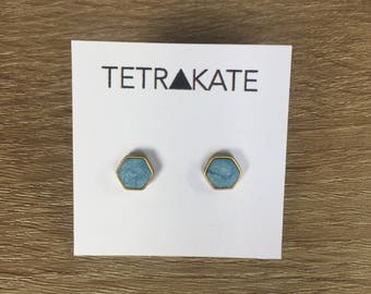 Shimmer Blue and Raw Brass Hexagon Stud Earrings | Shimmer Blue and Brass Stud Earrings | Hexagon Stud Earrings | Geometric Stud Earrings