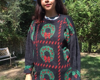 Ugly Christmas sweater, knit sweater, XL, green, red, black, wreaths, Sparkly