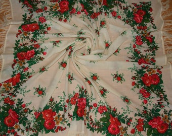 Polish Cracovian Folk Art Floral White Handmade Fringe Scarf/Beautiful Big Square Folk Wool Shawl/Rare Cracovian Folk Floral Pattern Scarf